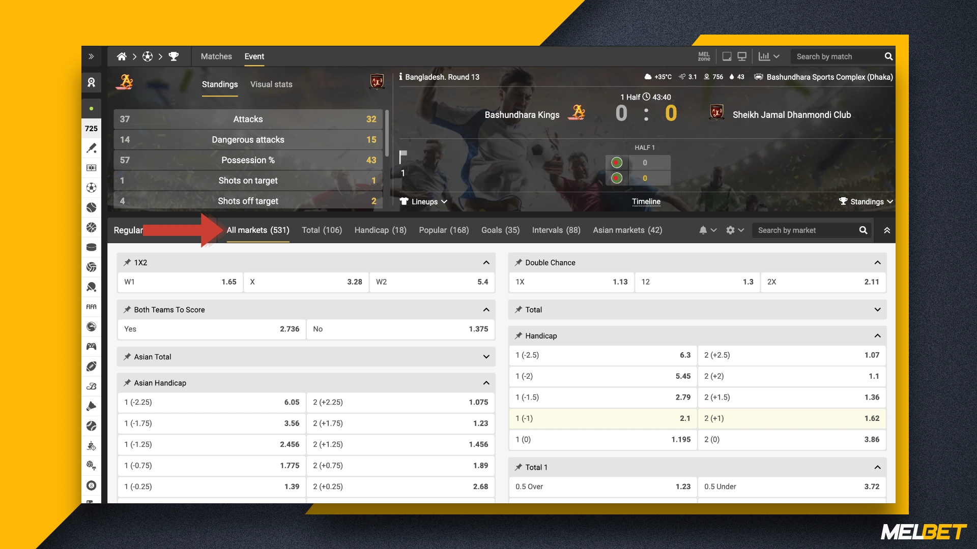 Type of bets on pre-match and real-time mode at Melbet website