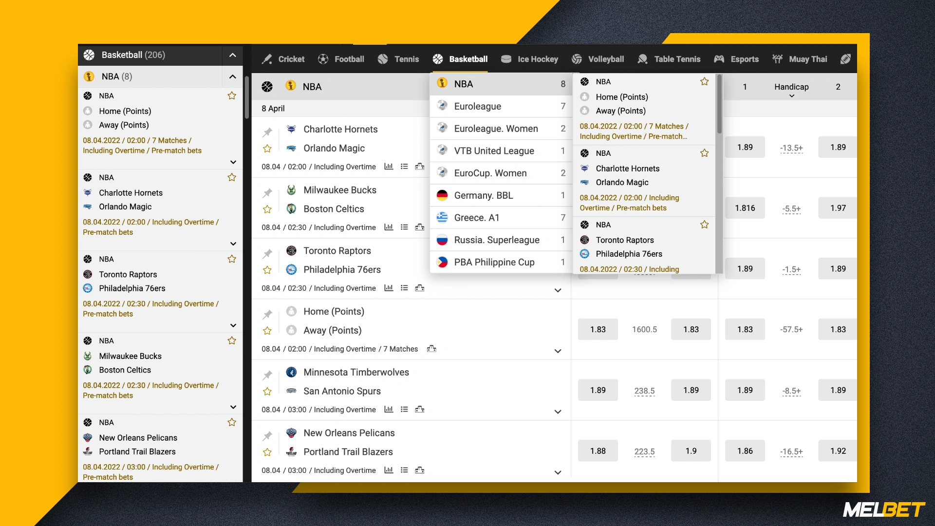 Melbet provides an opportunity to bet on a popular American sport like basketball