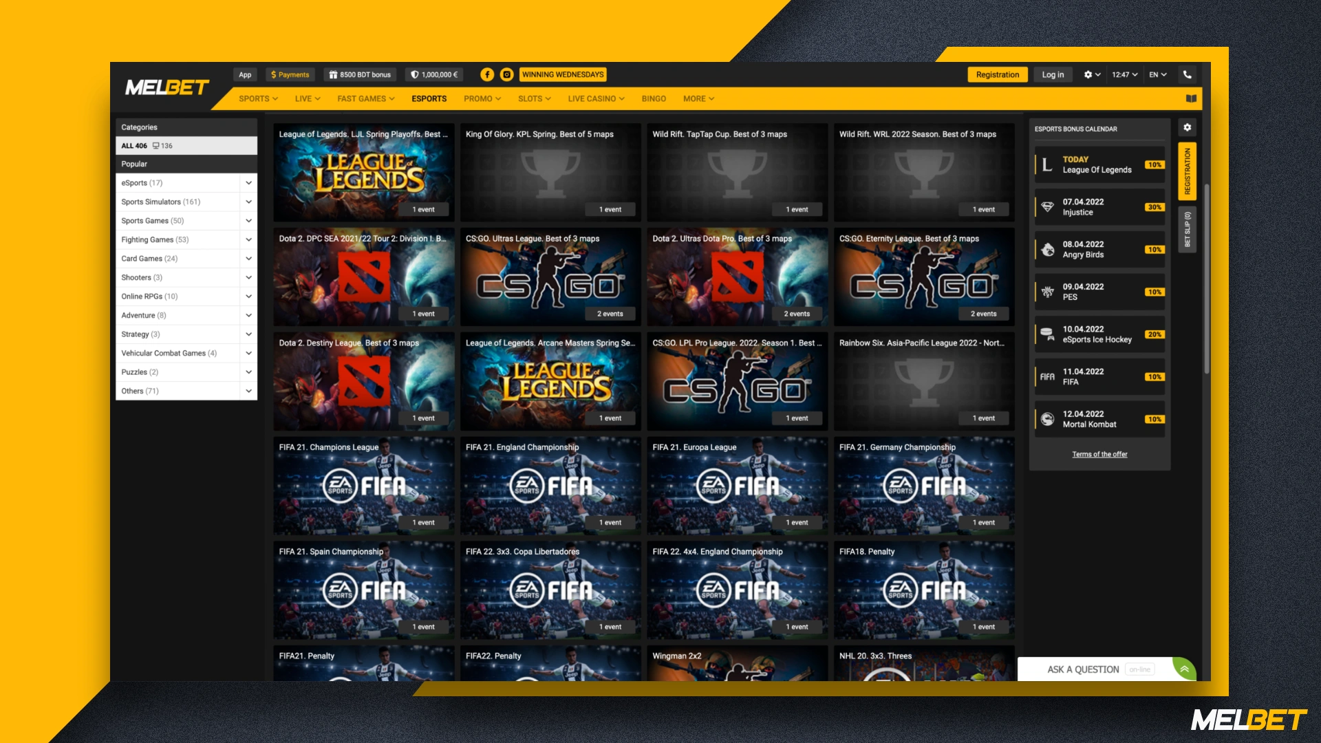 Esports betting section at Melbet Bangladesh