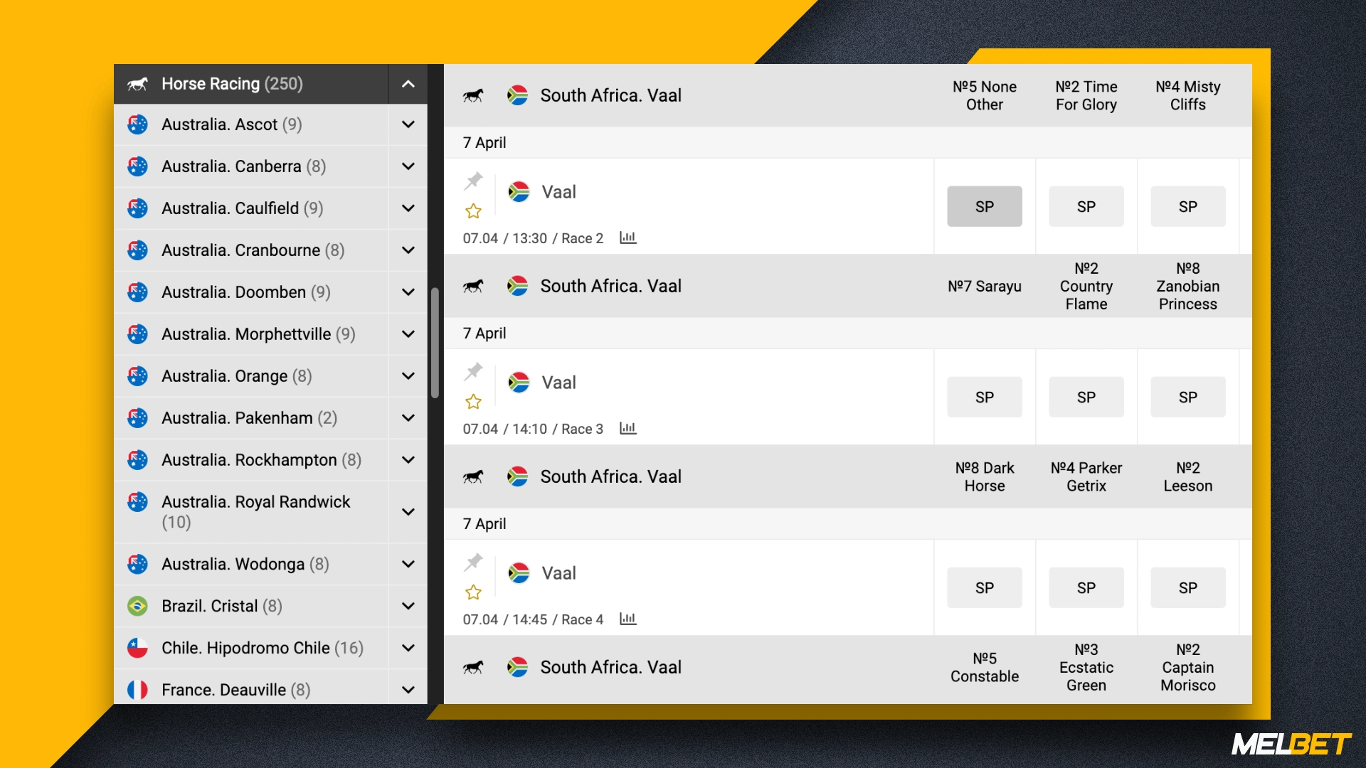 Horse racing betting page at Melbet