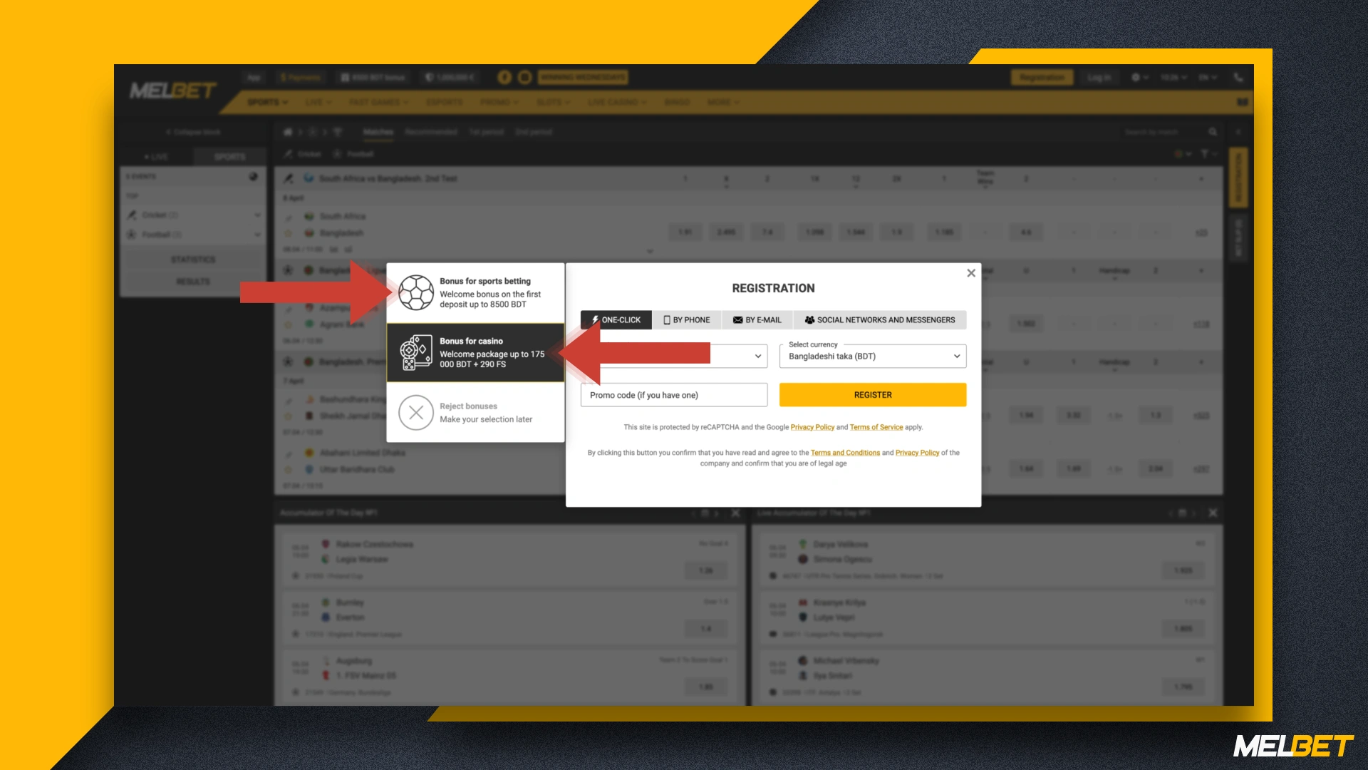 All new Melbet users can choose a welcome bonus at registration