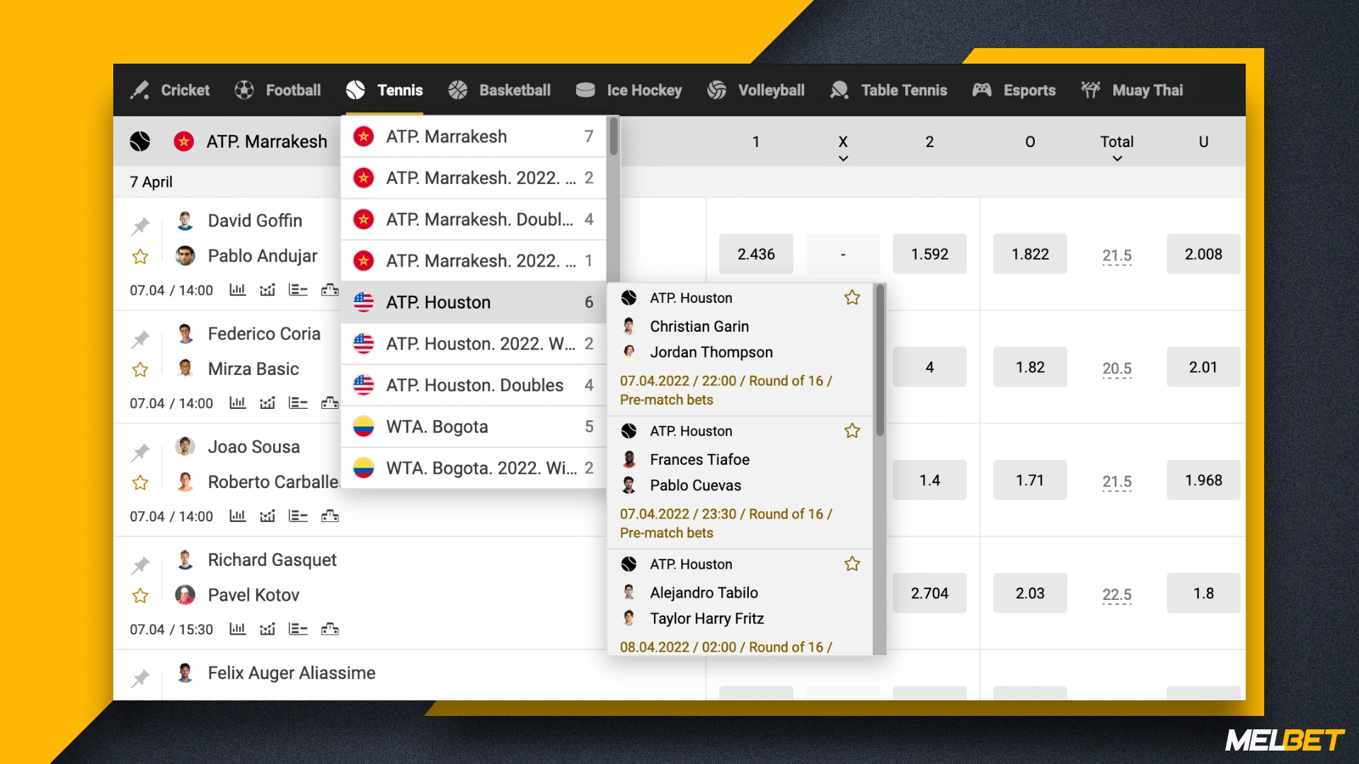 At Melbet Bangladesh you can bet on tennis, including various championships